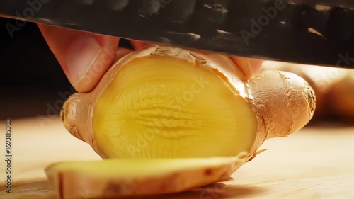 Ginger Root Being Sliced on a Wooden Board in a Kitchen with a Sharp Knife