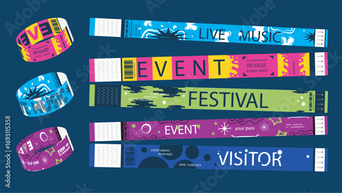 Y2k event party bracelet design. Retro modern pass ticket set for nightclubs entrance access. Colourful vibrant identification wristbands for night show performance visitor entry. Vector illustration.