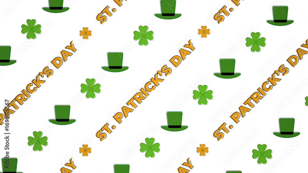 St. Patrick's Day seamless pattern with green leprechaun hats and lucky four-leaf clovers. Festive Irish holiday design asset. Cartoon illustration on a transparent background for design. St. Patrick's Day seamless pattern with green leprechaun hats and lucky four-leaf clovers. Festive Irish holiday design asset. Cartoon illustration on a transparent background for design.