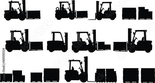 Silhouette of forklift trucks carrying pallets, warehouse logistics, industrial transportation, loading and unloading, material handling equipment, warehouse workers, supply chain operations