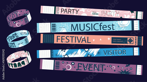 Y2k event party bracelet design. Retro modern pass ticket set for nightclubs entrance access. Identification wristband patterns for visitors entry, id labels for security control. Vector illustration.