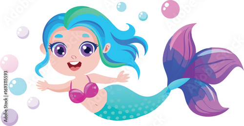 Vector drawing of a smiling blonde girl in the sea with her pink flower