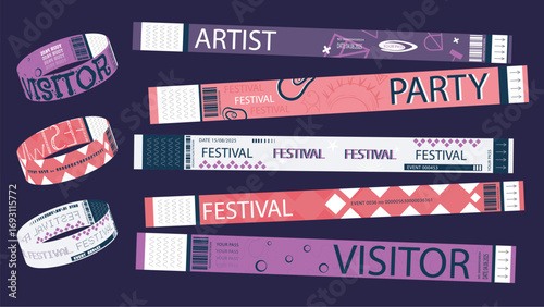 Y2k event party bracelet design. Retro modern pass ticket set for nightclubs entrance access. Festival visitors and artists wristband prints pack, entry performance ribbons. Vector illustration.