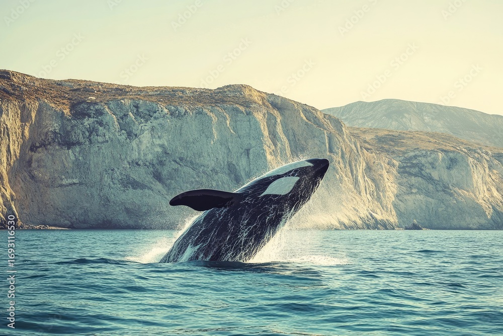 Fototapeta premium An orca whale breaches the water's surface, creating a spectacular display against a dramatic cliff backdrop.