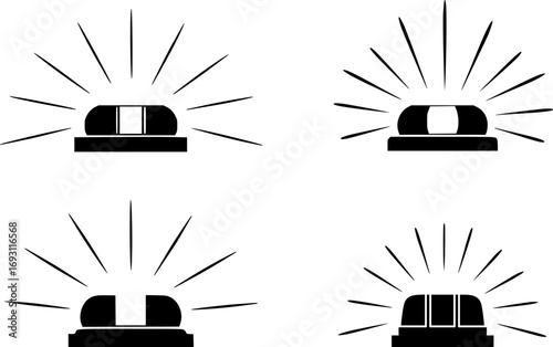 Four simple black silhouettes of flashing emergency lights with light rays
