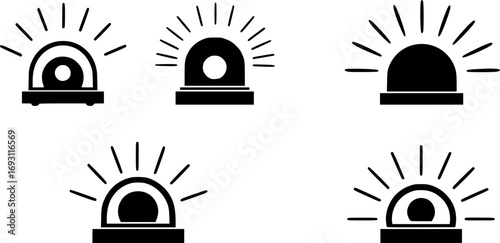 Five simple black silhouettes of flashing emergency lights with light rays
