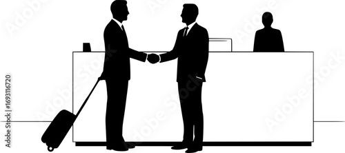 Two business people shaking hands at a reception desk with luggage silhouette
