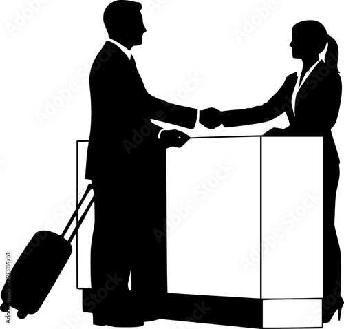 Two business people shaking hands at a reception desk with luggage silhouette
