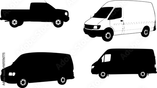 Collection of four distinct black vehicle silhouettes including a truck and three vans
