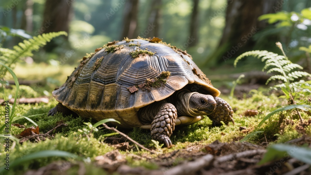 Fototapeta premium Tortoise Exploring a Lush Forest Floor With Ferns and Sunlight Filtering Through Trees
