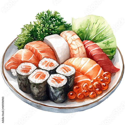 Sashimi, watercolor vector, isolated on a white background.