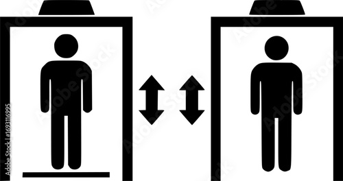 Two elevators with directional arrows and a person silhouette inside one silhouette
