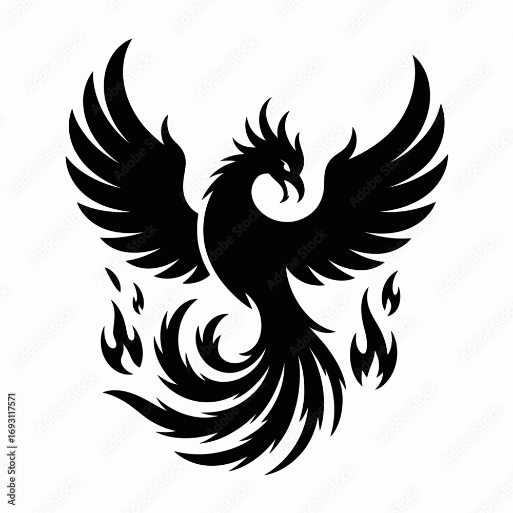 Obraz premium Black silhouette of a mythical phoenix bird rising from flames