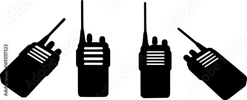 Four black walkie talkie radio communication devices shown in silhouette against a white background
