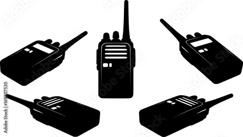 Five black walkie talkie radio communication devices shown in silhouette against a white background
