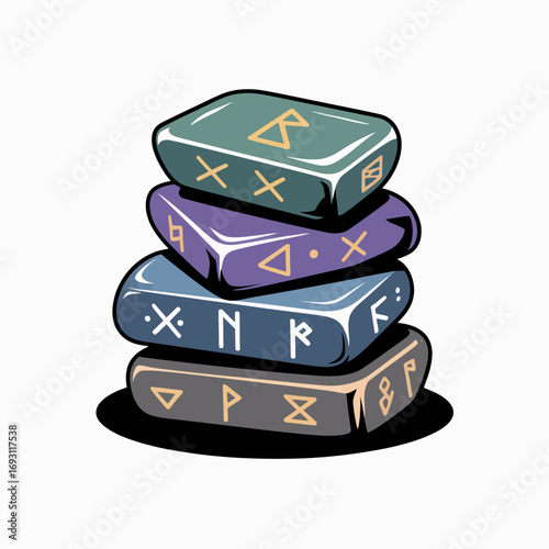Stack of ancient books with mystical runes and symbols