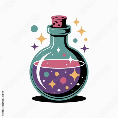 Magical potion in a glass bottle with stars and sparkles