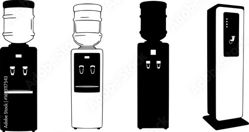 Collection of four distinct water cooler dispenser silhouettes on a white background
