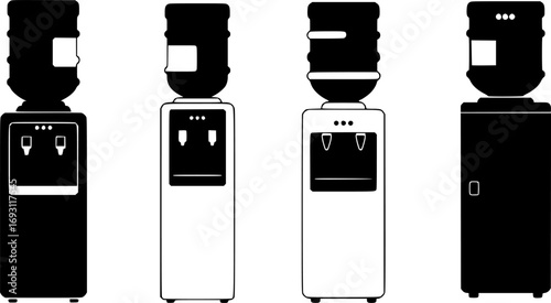 Collection of four distinct water cooler dispenser silhouettes on a white background
