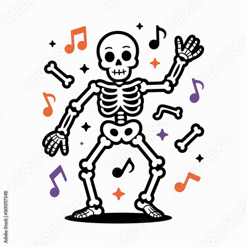 Dancing skeleton with musical notes and bones