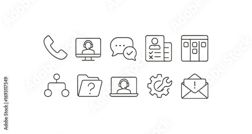 Communication, customer support line icon set. essential tools and contact symbols