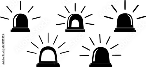 Five simple black silhouettes of flashing emergency lights with light rays
