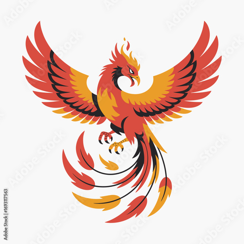 Majestic phoenix bird rising with fiery wings spread wide