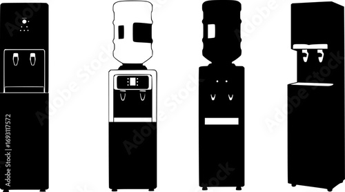 Collection of four distinct water cooler dispenser silhouettes on a white background
