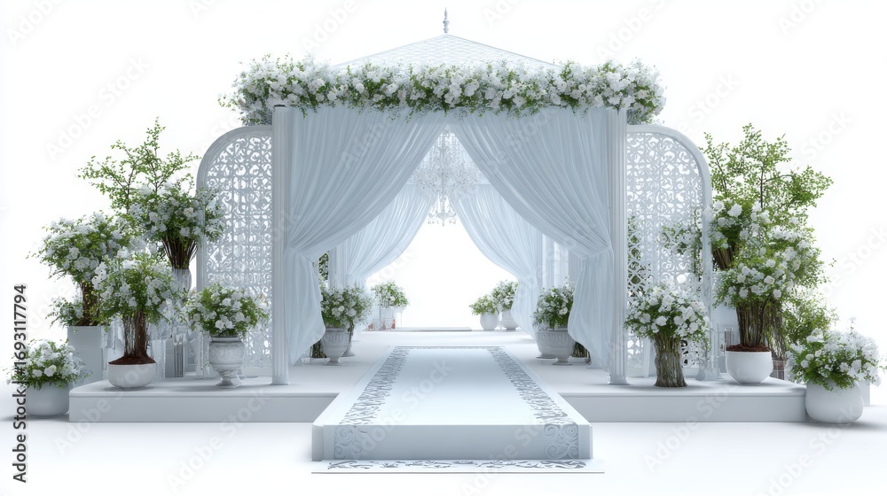 Fototapeta premium Elegant White Wedding Ceremony Setup with Floral Arrangements