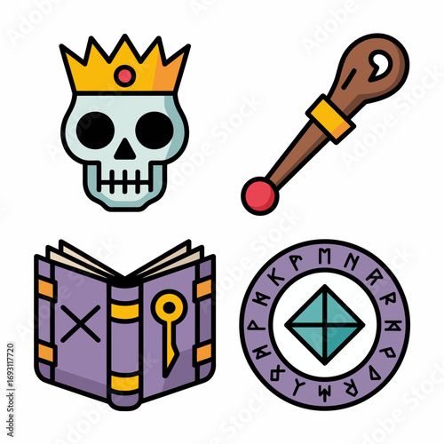 Fantasy icons skull crown staff open book rune circle
