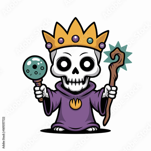 Cute cartoon skeleton king holding crystal ball and magic staff