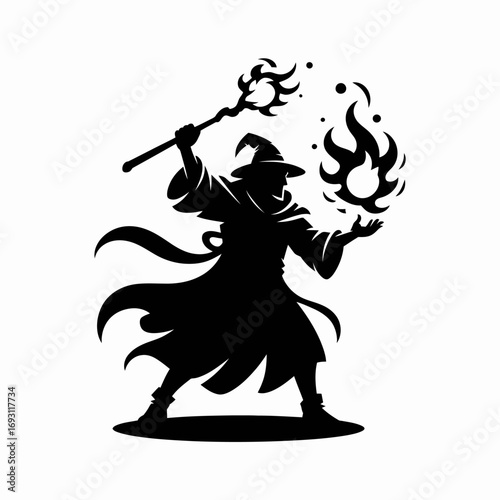 Silhouette of a wizard casting a spell with a staff and fire