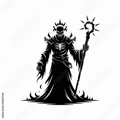 Dark skeleton wizard holding a staff with a sun symbol