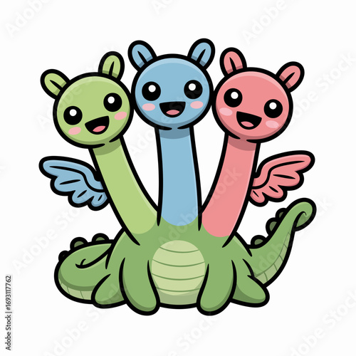 Cute cartoon hydra with three heads and wings on white background