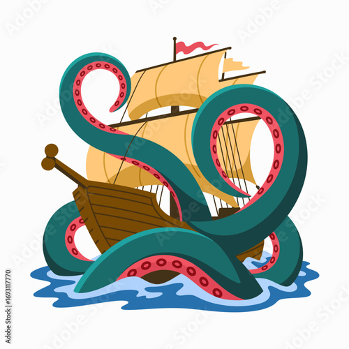 Giant kraken tentacles attacking a sailing ship in the ocean