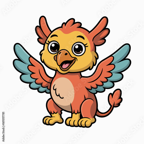 Cute cartoon griffin with orange and blue wings and big eyes