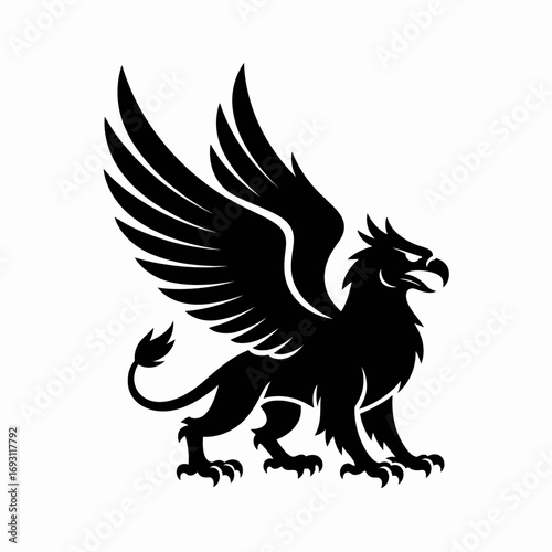 Majestic black griffin silhouette with spread wings