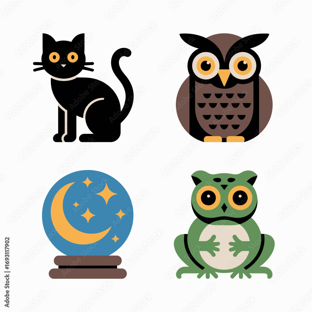Obraz premium Cute halloween icons featuring a black cat owl frog and crystal ball