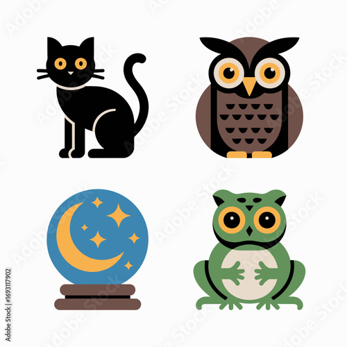 Cute halloween icons featuring a black cat owl frog and crystal ball
