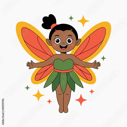 Cute black fairy with orange wings and green dress