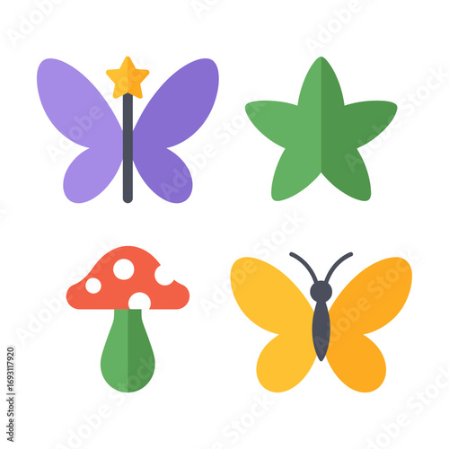 Whimsical collection of fairy tale icons butterflies mushroom star