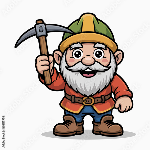 Friendly cartoon dwarf miner holding a pickaxe and wearing a helmet
