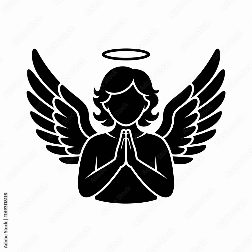 Fototapeta premium Silhouette of an angel with wings praying and a halo