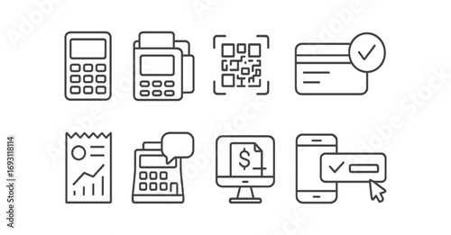 Finance and payment outline icon set: essential symbols for transactions