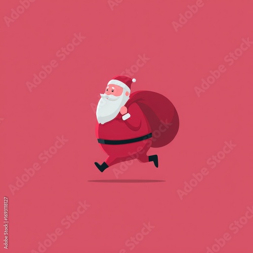 Santa's Whimsical Run: A joyful illustration captures Santa Claus in a flurry of action, as he dashes forward with a gift-filled sack over his shoulder, embodying the spirit of Christmas.