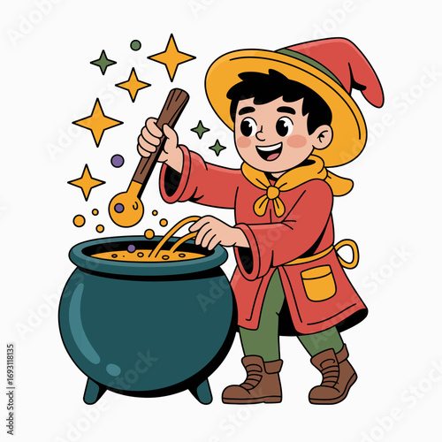 Young boy in wizard hat stirring a bubbling cauldron with magic stars