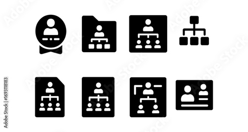 Business organization solid icon set. hierarchy, team, folder, structure icons