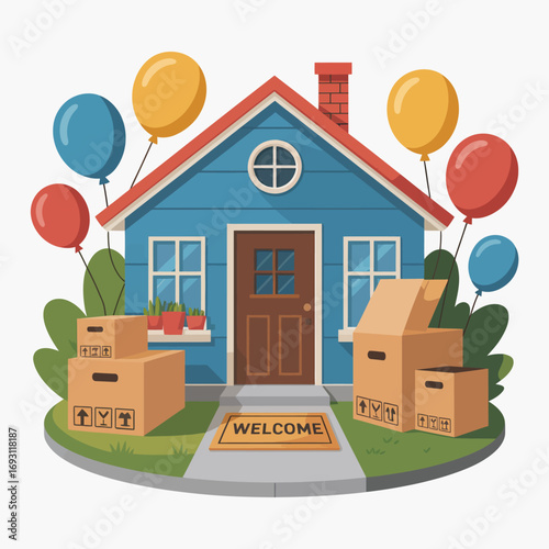 Blue house with moving boxes and balloons welcoming new homeowners
