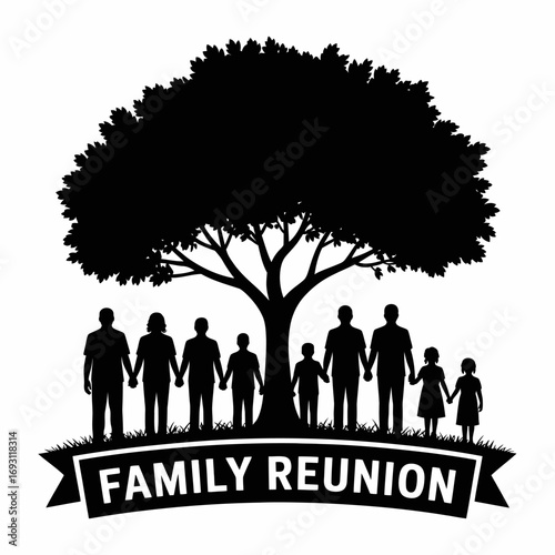 Family tree silhouette with family holding hands underneath banner