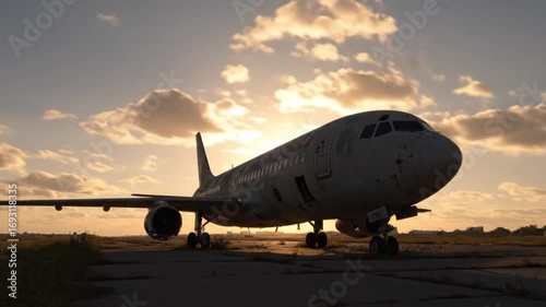 Abandoned Jet on Runway Under Morning Glow